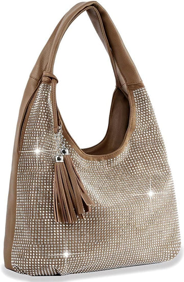 Shimmering Rhinestone Shoulder Bag - Taupe